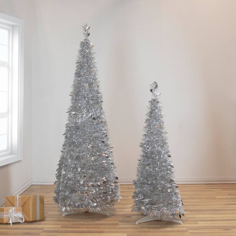4' Silver Tinsel Pop-Up Artificial Christmas Tree, Unlit - 4 Foot