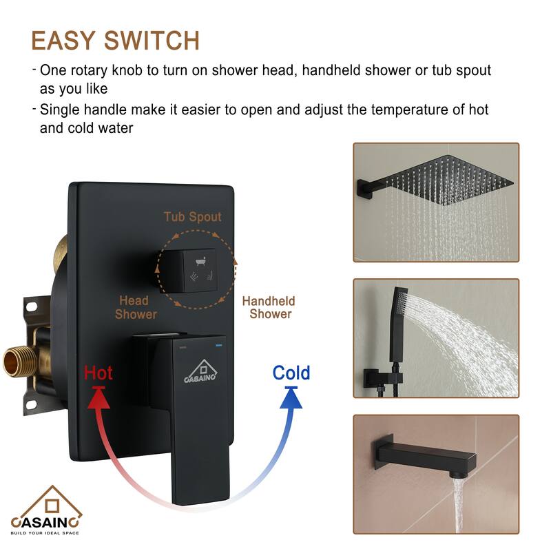 CASAINC 3-Function 12-In Wall Mounted Shower System