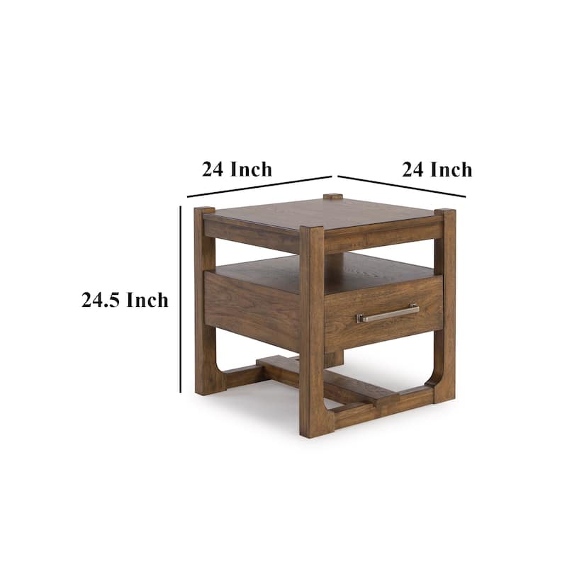 Cabal Square Side End Table, Drawer, Shelf, Light Brown Wood, 24 Inch