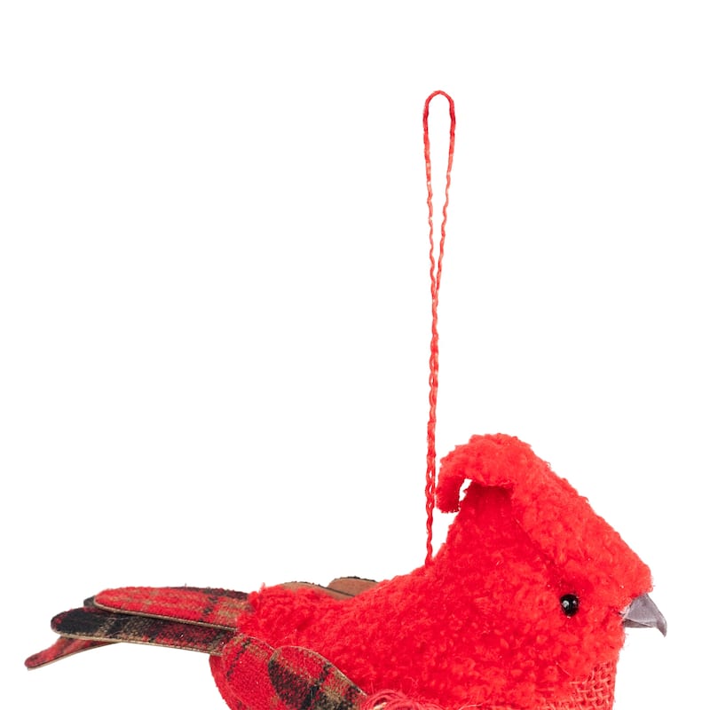 13" Red and Green Plaid Cardinal on Holly Berries Christmas Ornament