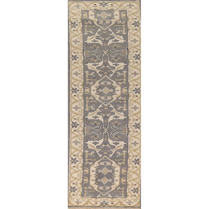 Transitional Gray Oushak Indian Runner Rug Hand-Knotted Wool Carpet - 2'6" x 9'10"
