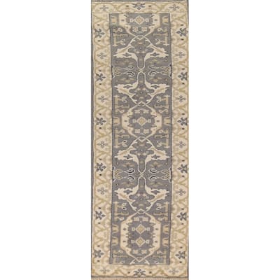 Transitional Gray Oushak Indian Runner Rug Hand-Knotted Wool Carpet - 2'6" x 9'10"