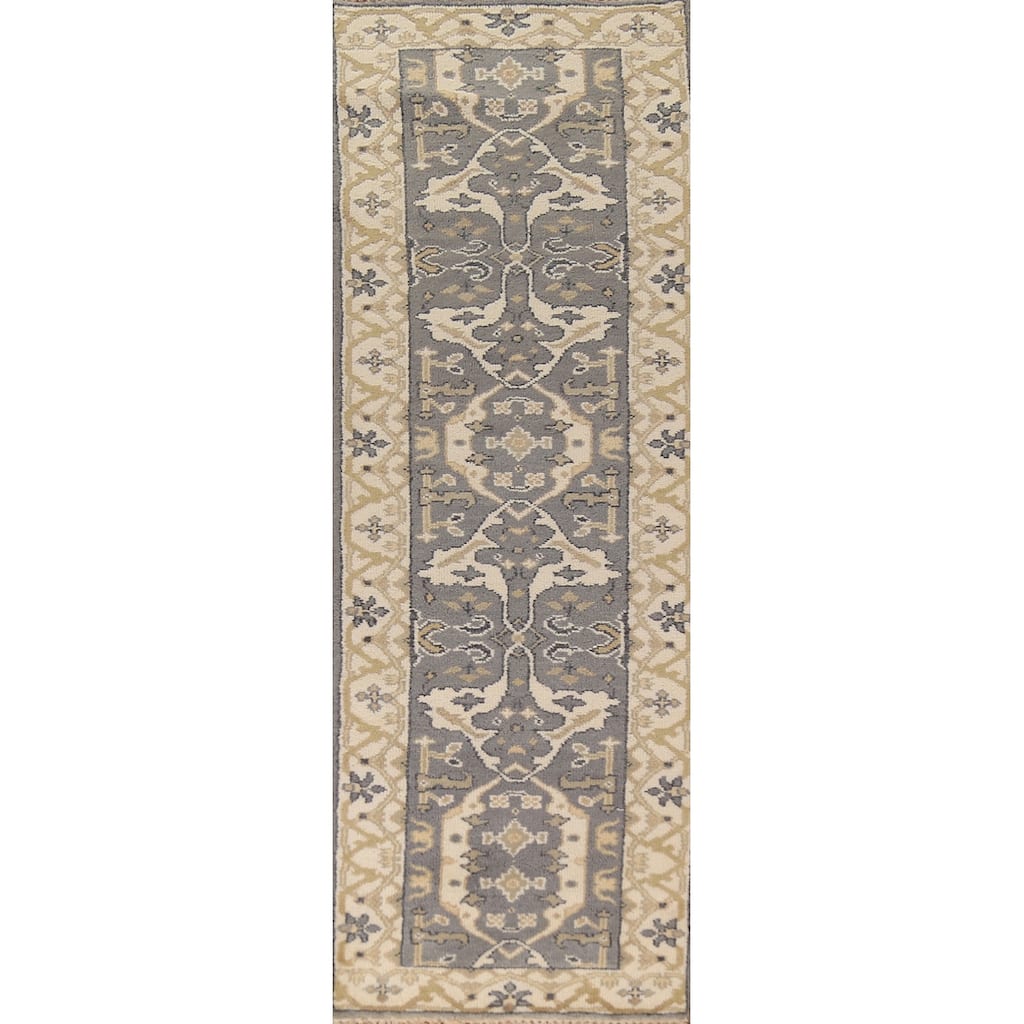 Transitional Gray Oushak Indian Runner Rug Hand-Knotted Wool Carpet - 2'6" x 9'10"