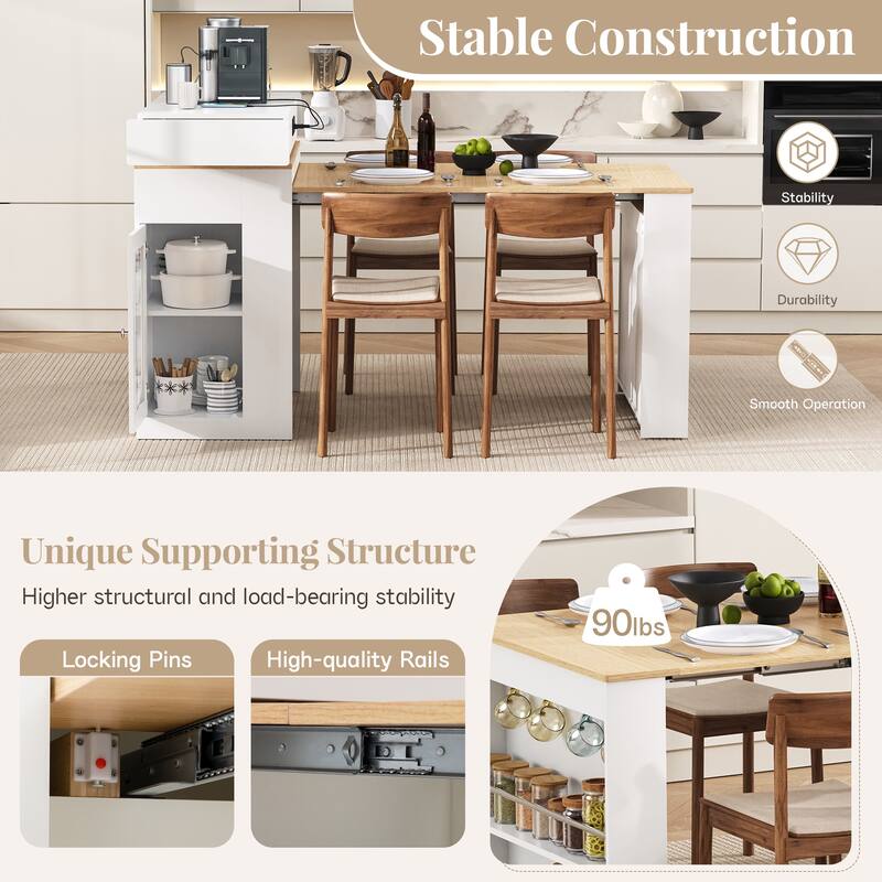 Extendable Kitchen Island Dining Table with Power Outlet, Rolling Sideboard with Folding Tabletop & Drawers