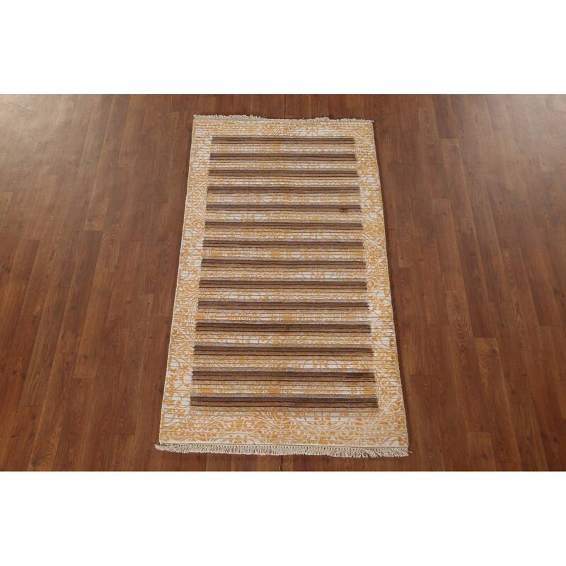 Striped Abstract Oriental Accent Rug Handmade Modern Wool Carpet - 2'9"x 4'11"