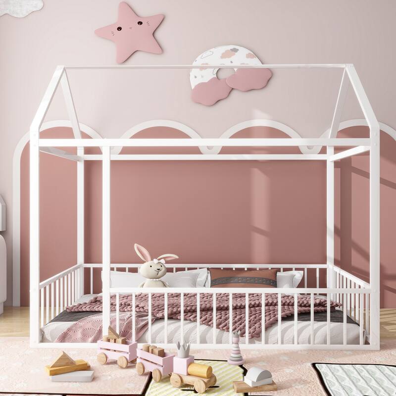 Kids' Twin/Full Metal House Bed Frame with Roof and Fence, Playful Sleep and Play Space, Sturdy Frame, Multiple Colors - White - Twin