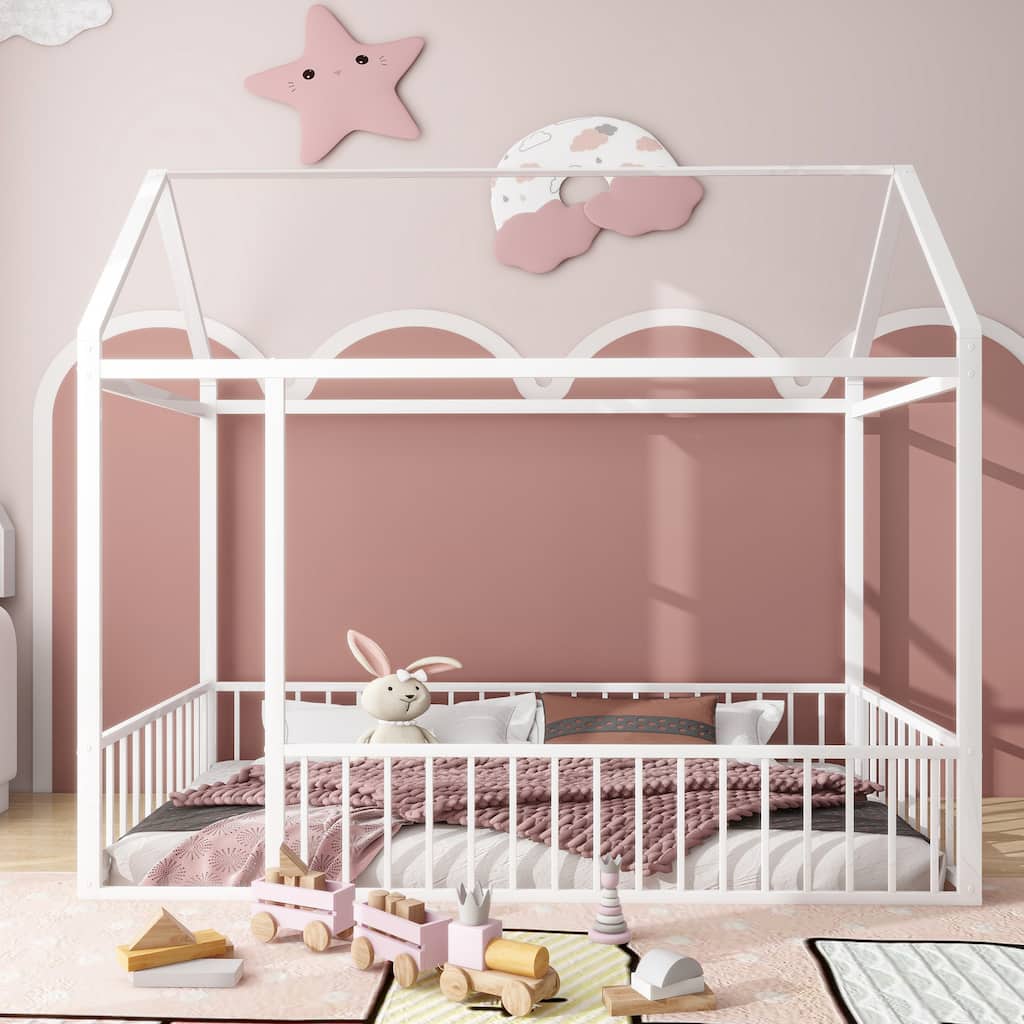 White Twin Size Metal House Bed Frame with Fence and Roof for Kids, Teens, Girls, Boys