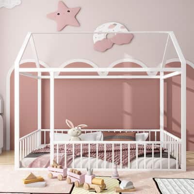 White Twin Size Metal House Bed Frame with Fence and Roof for Kids and Teens
