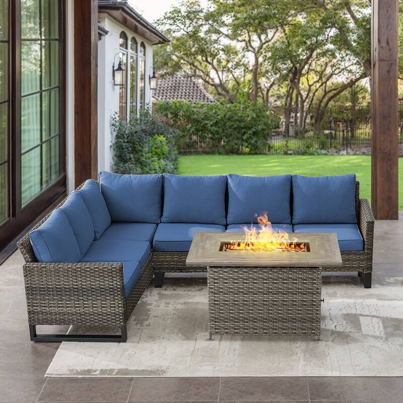 Gymojoy L-Shaped Outdoor Corner Sectional Sofa 6-seats Couch Conversation Set - 2 PCS - Fire Pit - Grey Wicker / Blue Cusion