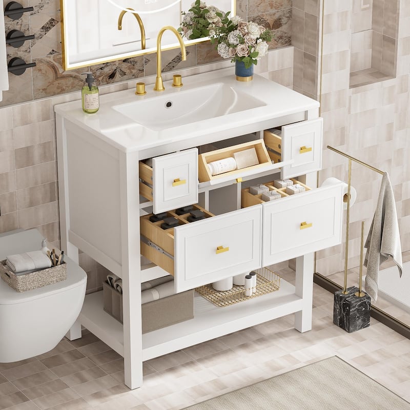 30'' Bathroom Vanity with Ceramic Sink Combo, Free Standing Single Vanity Set with 5 Drawers