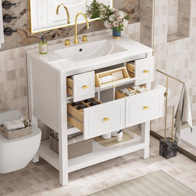 Bathroom Vanity with Ceramic Sink, Bathroom Storage Cabinet with 5 Drawers, Bathroom Vanity Set with Open Shelf
