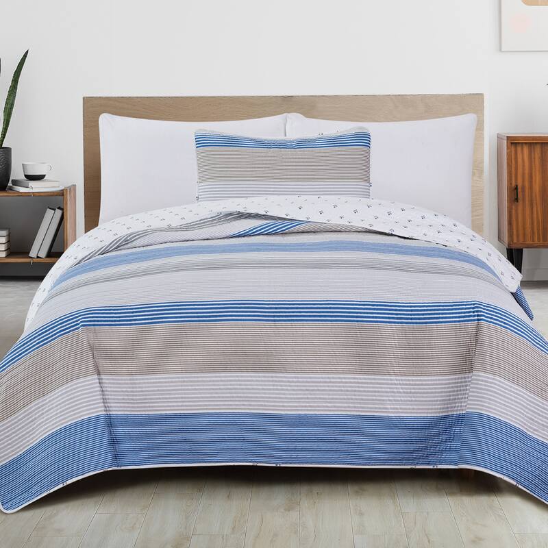 Premium Striped Microfiber Quilt Set With Shams - Blue / Taupe - Twin