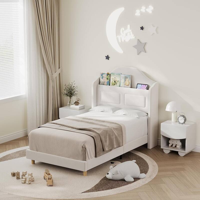 Twin Size Upholstered Velvet Platform Bed Frame for Kids with LED Lights Bookcase Headboard - Beige