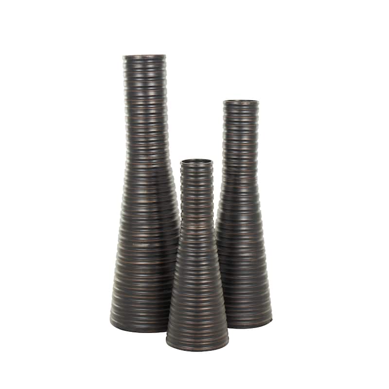 Metal Ribbed Tall Cone Floor Vase with Horizontal Grooves - Set of 3 Bronze - Roche River Decor - 18"W x 18"L x 56"H