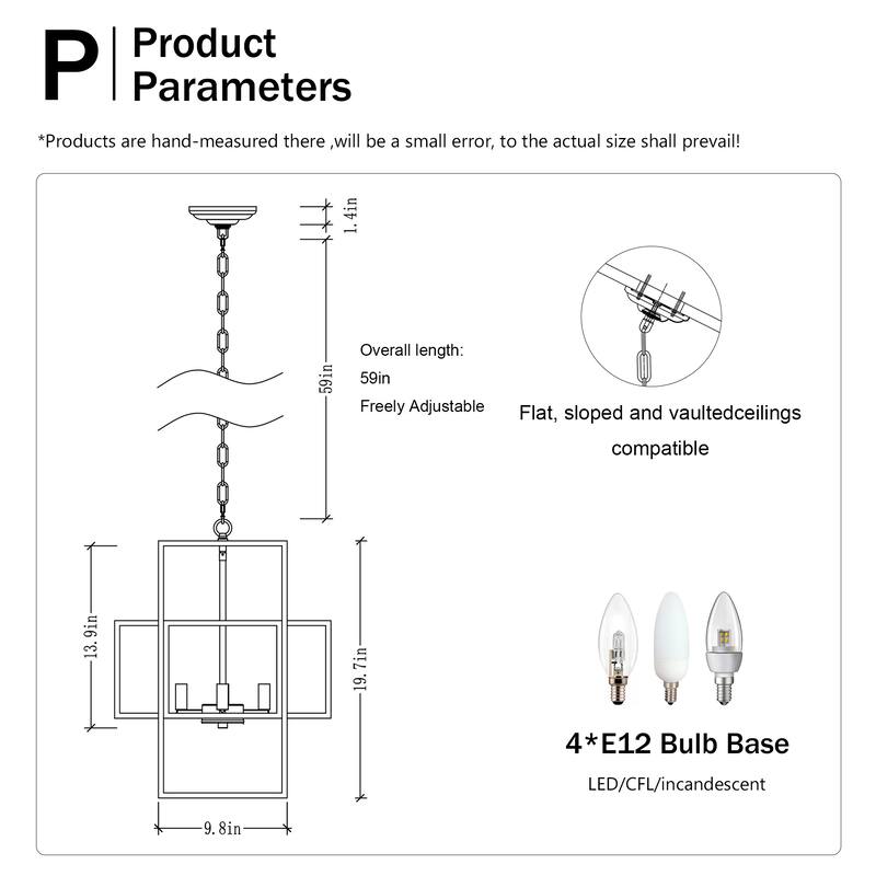 Industrial 4-Light Farmhouse Lantern Chandelier, Adjustable Height, for Dining Room and Kitchen, E12 Bulbs Not Included