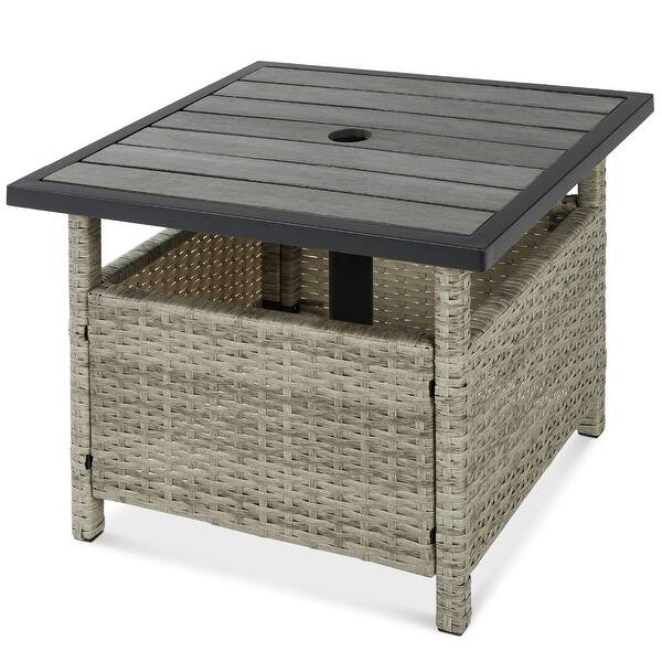 Outdoor Wicker Patio Side Table Accent Furniture w/ Umbrella Hole Bed