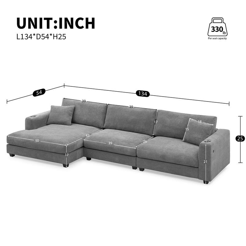 134" Corduroy Sectional Sofa with USB & 50" Chaise
