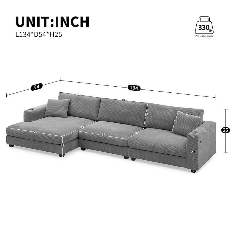 Deep Seat Recliner Sectional Sofa L Shape Cloud Couch wUSB, Cup Holder