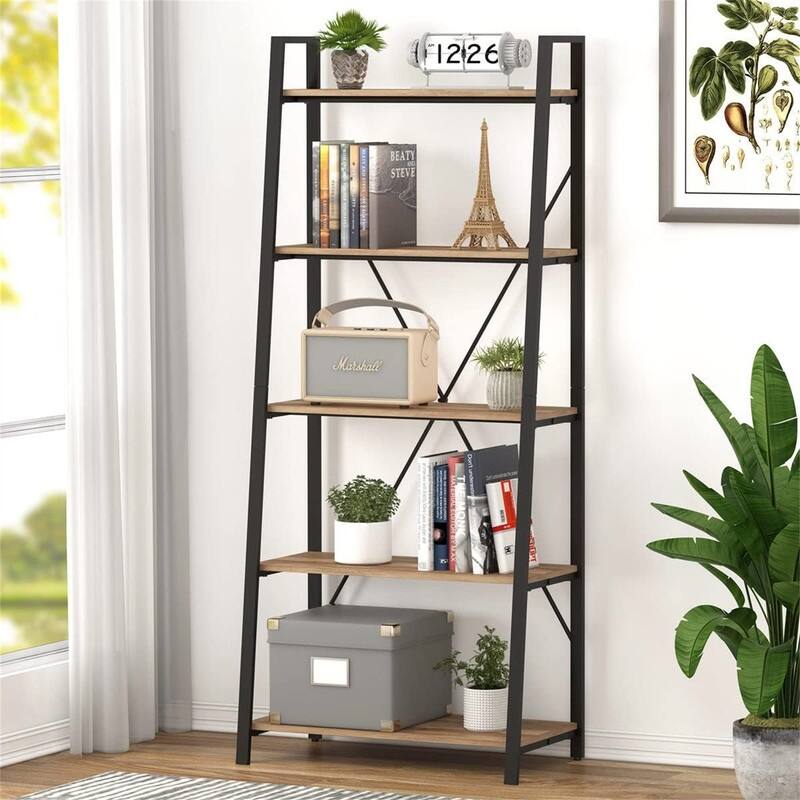5 Tier Ladder Shelf - 14.17"D x 27.56"W x 65.55"H - Vintage Oak