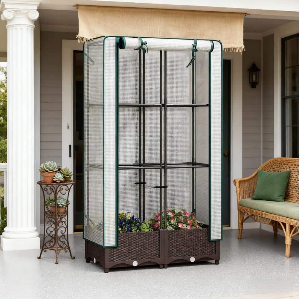 GDFStudio - Outdoor Garden Bed with Trellis, Protective Cover, Drainage Holes & Zipper Door - 48.8"H