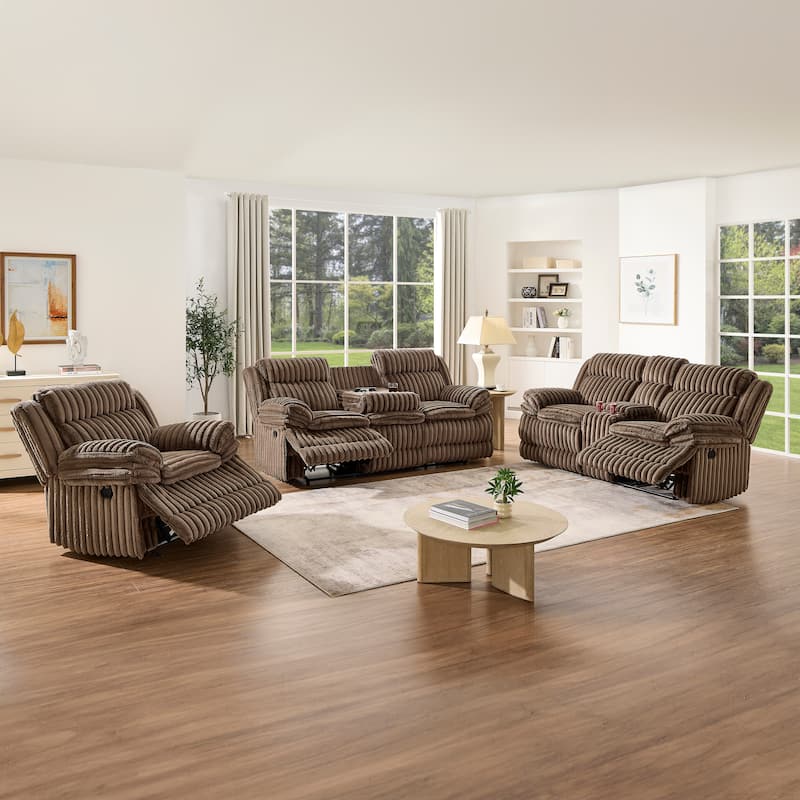 Roundhill Furniture Ardello 3-Piece Reclining Sofa Set, Corduroy Upholstery with Built-In Power Center, Chocolate