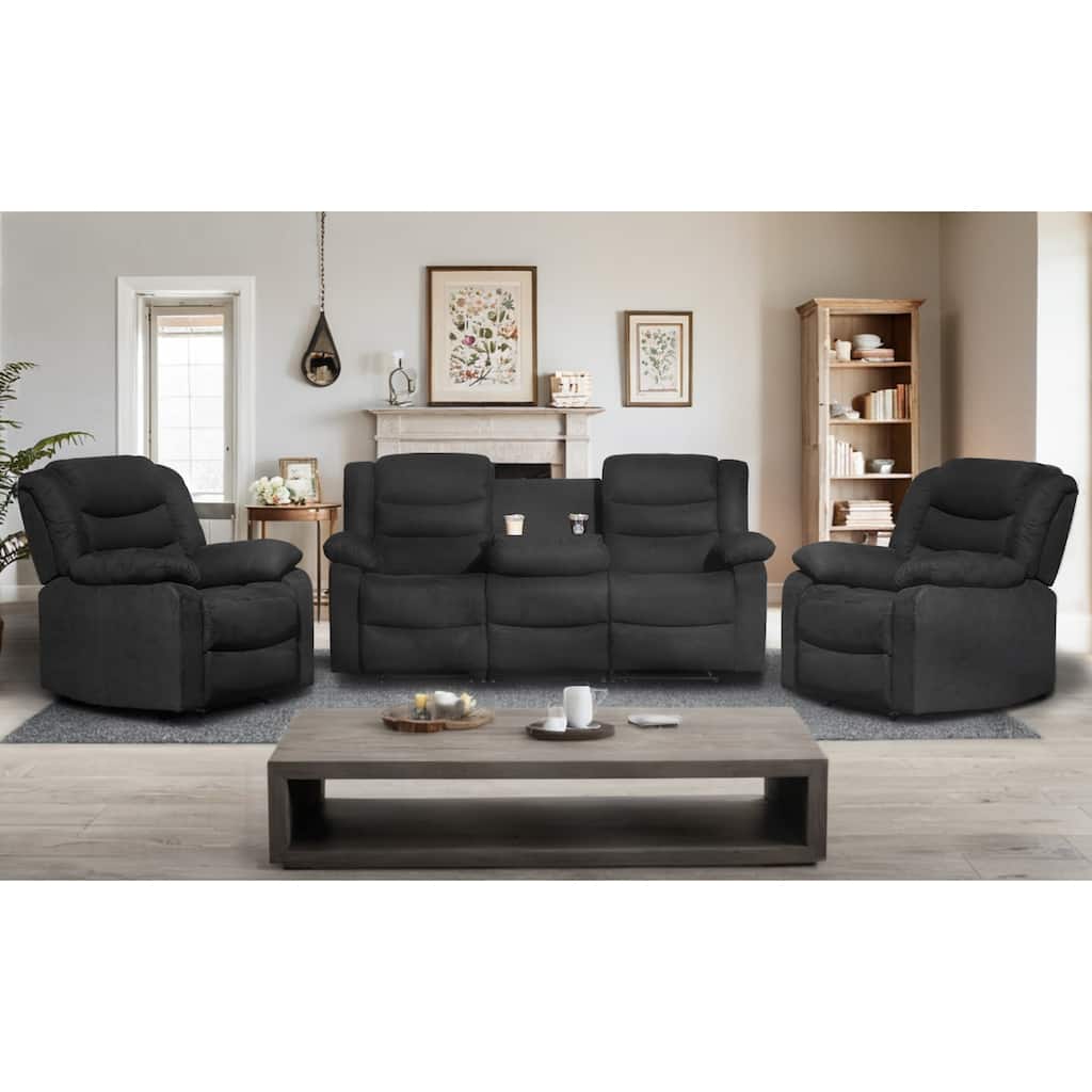 3 Piece Manual Reclining Livingroom Sofa Set with Dropdown Table, 2 Recliners and 1 Sofa