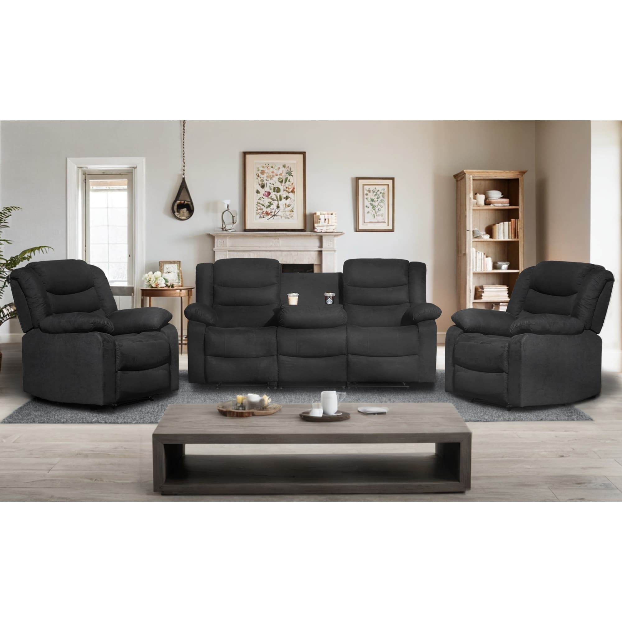 3 Piece Manual Reclining Livingroom Sofa Set with Dropdown Table 2 Recliners and 1 Sofa