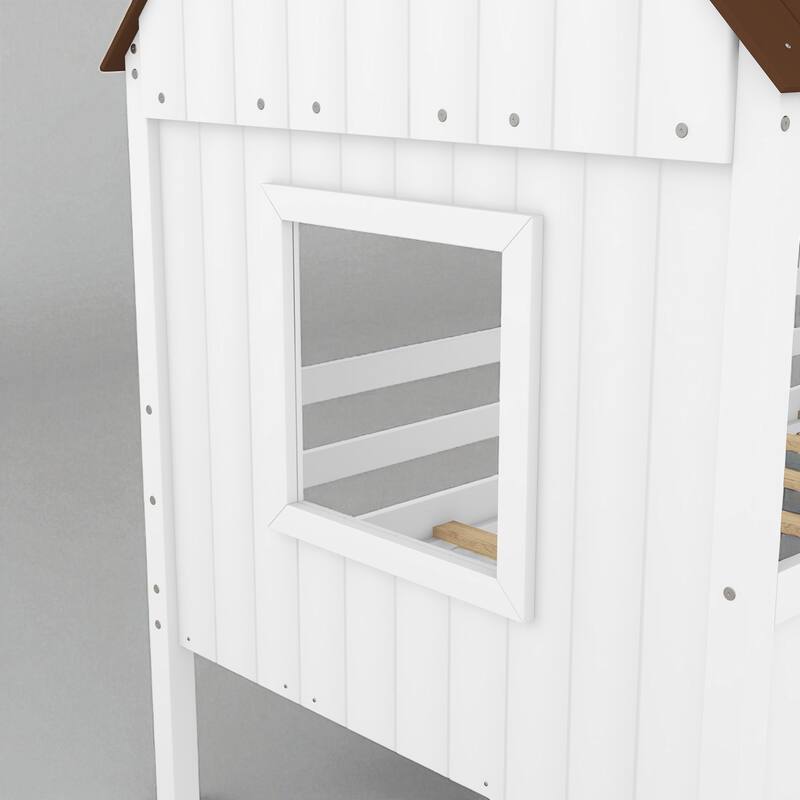 Twin Size House Bed with Roof and Side Windows, Low Loft Wooden Frame for Kids, No Box Spring Needed