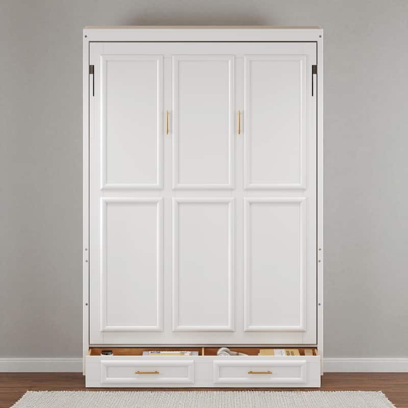 Full Size Murphy Wall Bed with 2 Storage Drawers, Folding Cabinet Bed with Pine Wood Frame, No Box Spring Needed