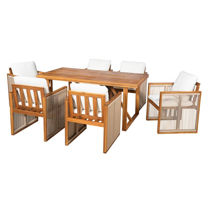 Christopher Knight Home - Modern Outdoor Acacia Wood Dining Set with Cushions and Handwoven Rope Chairs