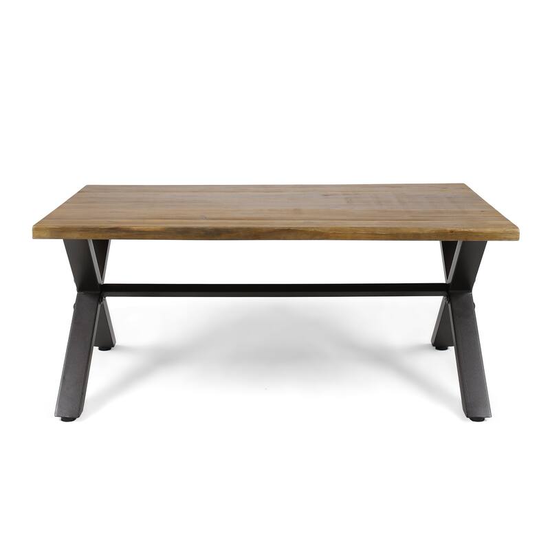 Roomfitters Outdoor Coffee Table, Rectangular Acacia Wood Top with X-Shaped Metal Legs, Natural+Black