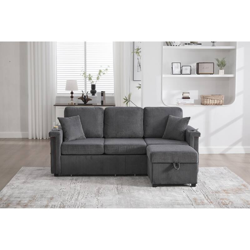 L-Shaped Sectional Sofa with Pull-Out Storage,Ottoman & Pillows 3-Seat with USB Charging,Cup Holder, Convertible Design - Grey