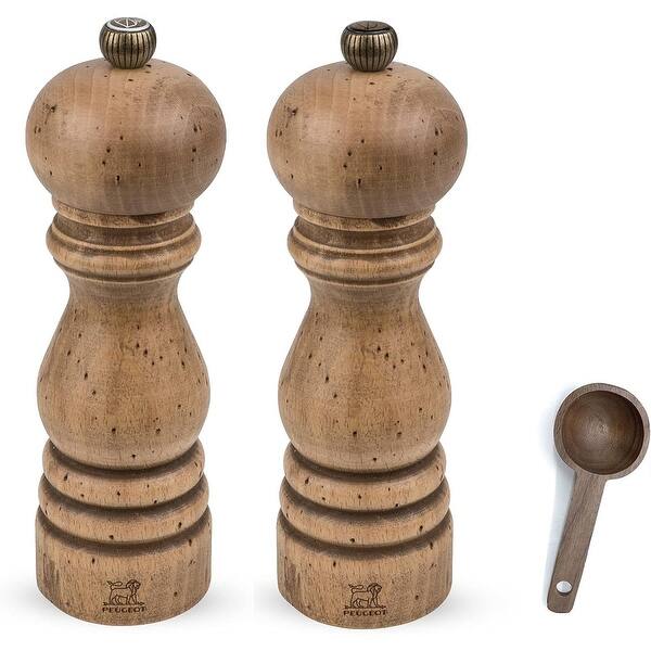 Peugeot Bali Black Cast-Iron Pepper Mill & Salt Cellar With Wooden Tray Gift Boxed With Wooden Spice Scoop