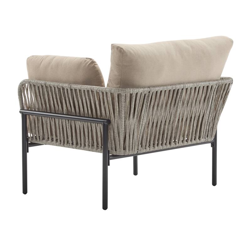 Outdoor Rope Weave Lounge Chair, Modern Patio Accent Armchair with Metal Frame & Cushions for Backyard, Balcony, Living Room