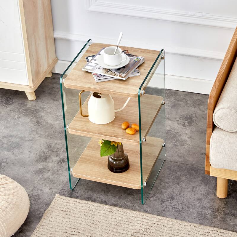 14" Modern Square Side Table with Tempered Glass Legs and Storage Shelfs for Living Room or Bedroom