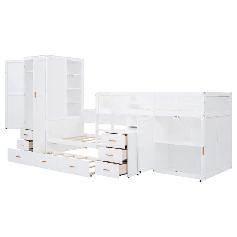 Twin Wooden Bunk Bed with Trundle, Cabinet, Wardrobe, Desk and Drawers, White