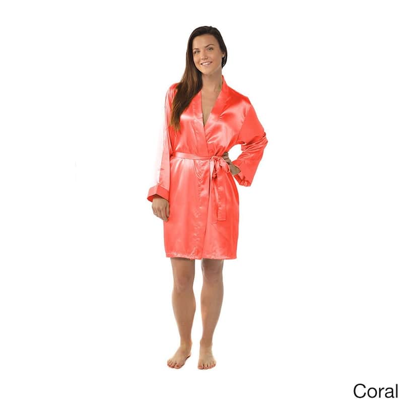 Leisureland Satin Charmeuse Knee-length Kimono Robe - Coral - One Size