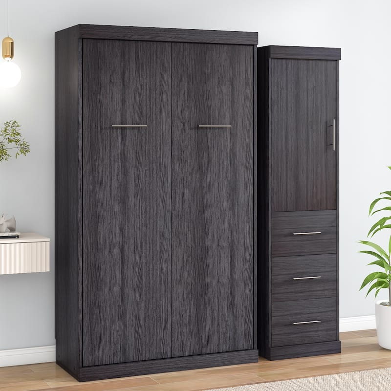 Murphy Bed with Wardrobe and 3 Storage Drawers, Pine Wood Multifunctional Wall Bed