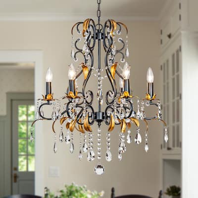 Mid-Century French Style 6-Light Crystal Chandelier in Matte Black and Antique Gold Finish For Versatile Interiors