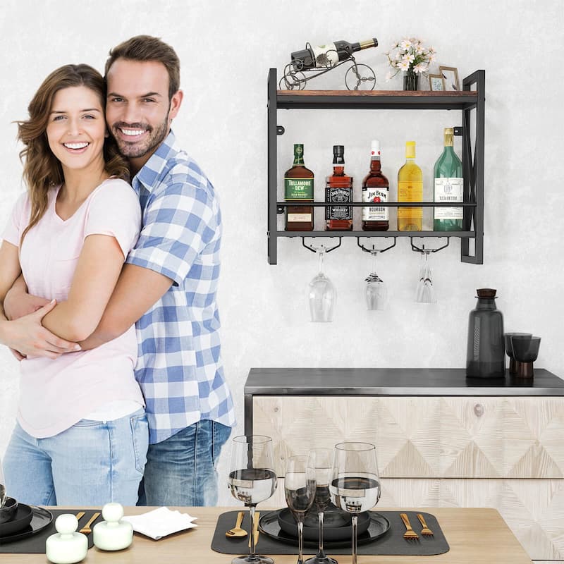 Costway Wall Mounted Wine Rack with 2-Tier Shelves 3 Glass Holders - See Details