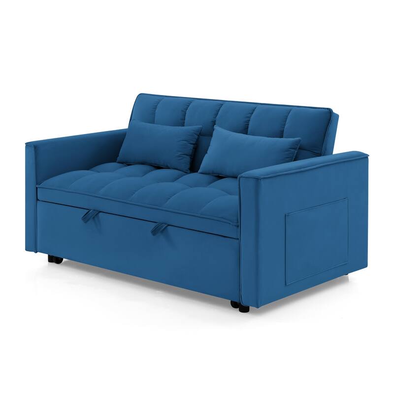 Velvet Foldable Sofa Bed, 3 In 1 Convertible Sofa Bed, Pull Out Couch Bed with Adjustable Backrest, Side Pockets & 2 Pillows