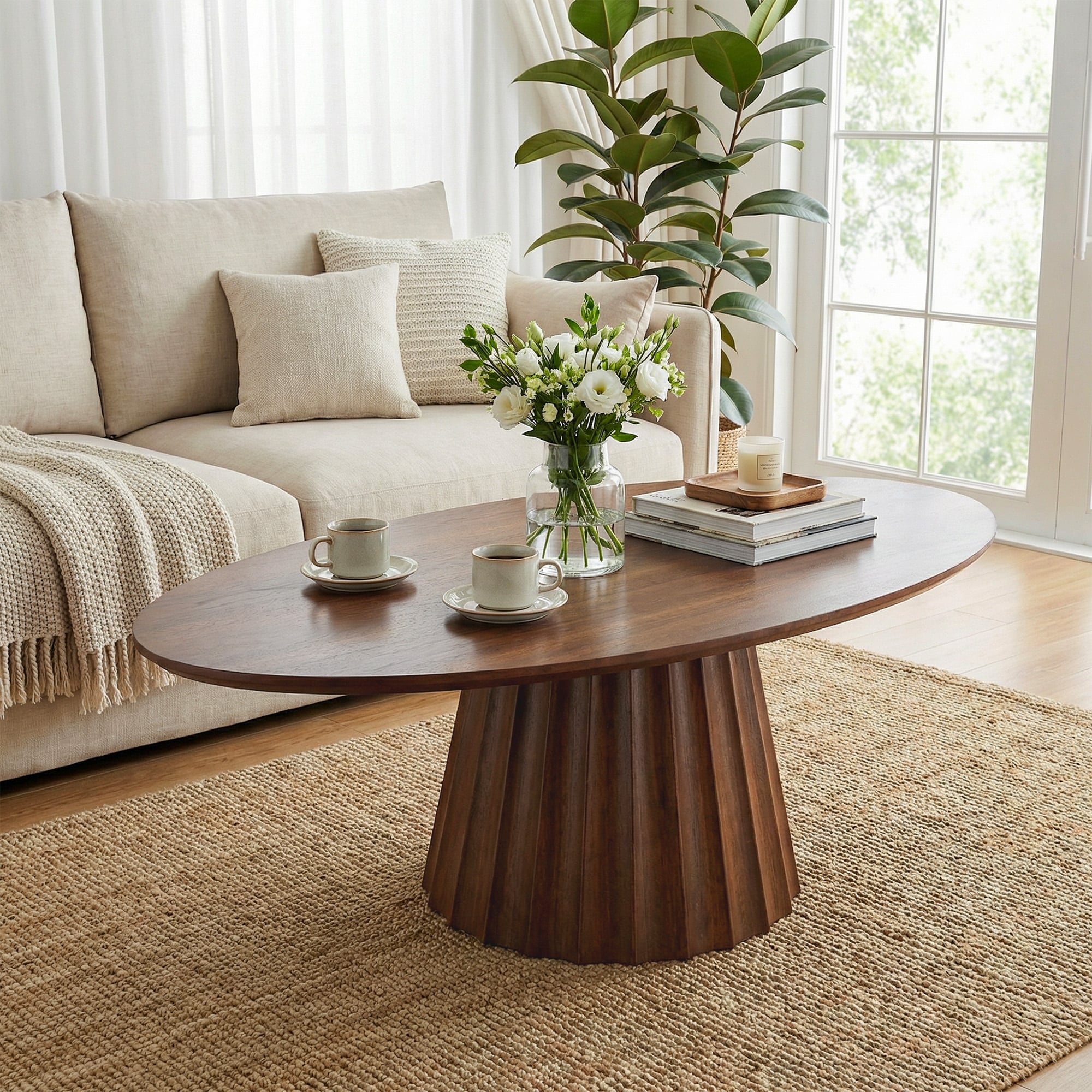 51" Oval Coffee Table Modern Solid Wood Black Coffee Table with Ribbed Conical Base Center Table - N/A
