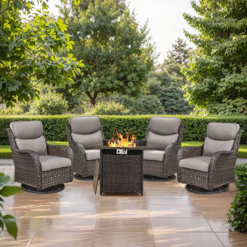 Pocassy Outdoor Swivel Chairs Patio Furniture Set - Brown Rattan - Grey Cushion - 5PCS Swivel Chairs with Square Fire Table