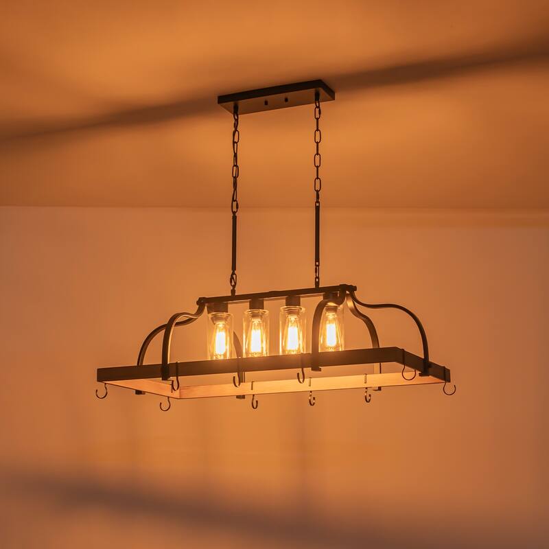 Modern Rustic 4-Light Rectangular Glass Chandelier with Hooks - Ideal for Kitchen Island Lighting and Pot Rack Organizer