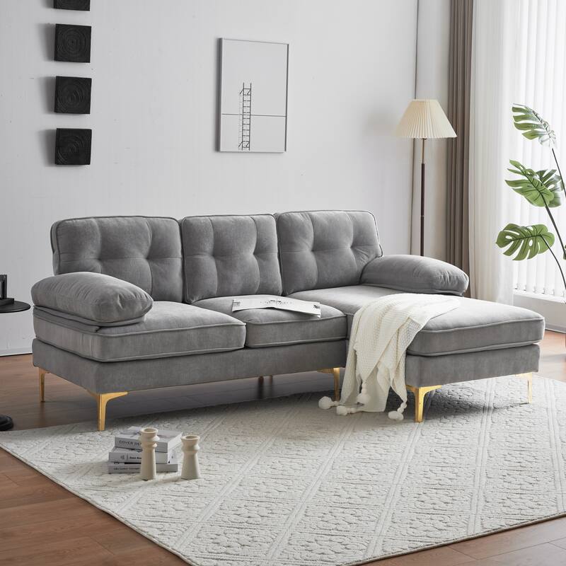 Modern Velvet L-Shaped Sectional Sofa with Metal Legs and Wide Backrest for Living Room Bedroom