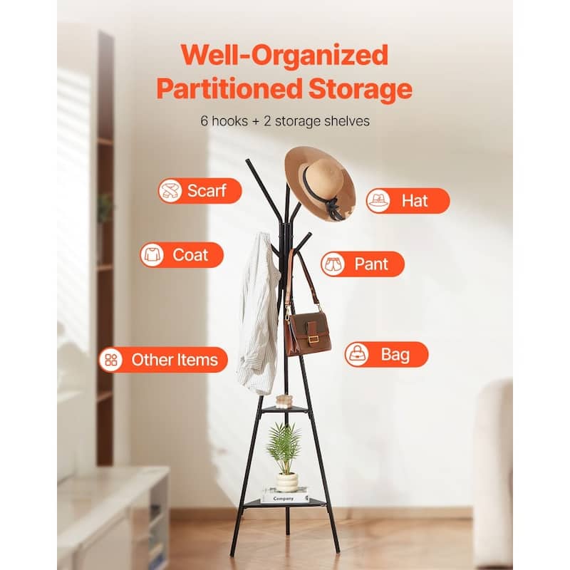 Black Freestanding 6 Hooks Coat Rack Stand with 2 Wooden Shelves for Entryway or Bedroom - 19.5" x 16.7" x 70.5"