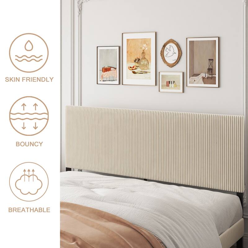 Roomfitters King Size Platform Bed Frame with Upholstered Headboard, Heavy Duty Metal Foundation, Elegant Style, Beige