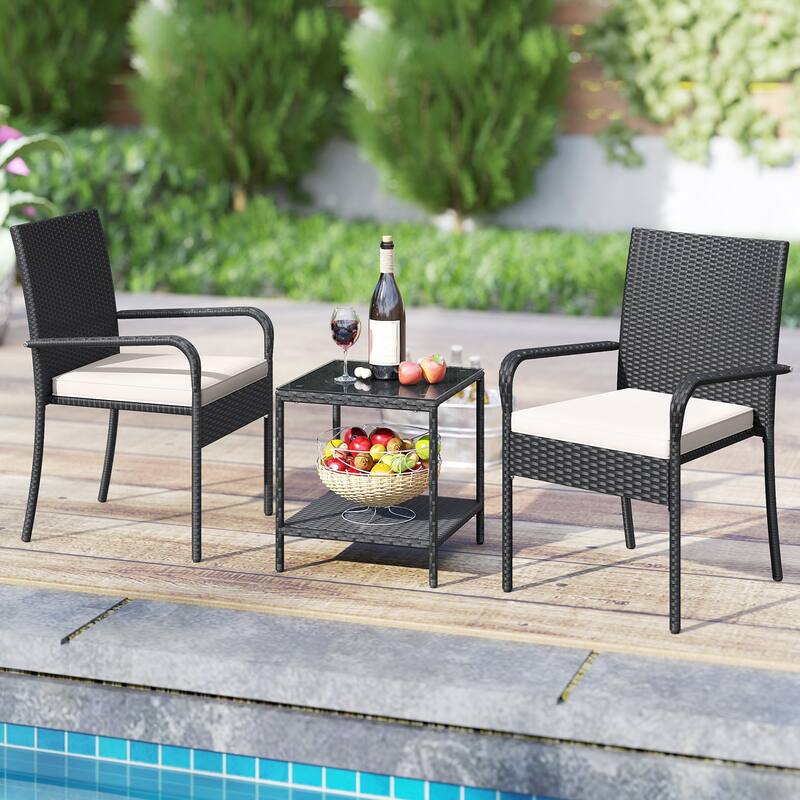 3 Piece Black PE Rattan Patio Set with Metal Frame, Cushions and Glass Table - Chair: 23" x 22.5" x 35"