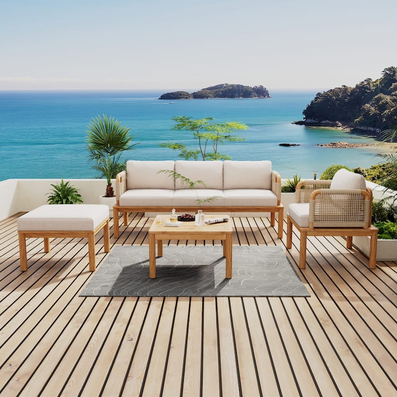 Roomfitters Outdoor 4-Piece Acacia Wood and Rope Patio Sofa Set with Coffee Table, Beige Cushions