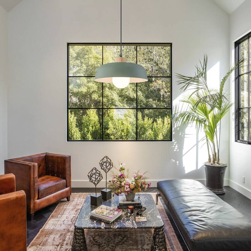 Modern 1-Light Green Dome Pendant Light with Decorative Wood Accent